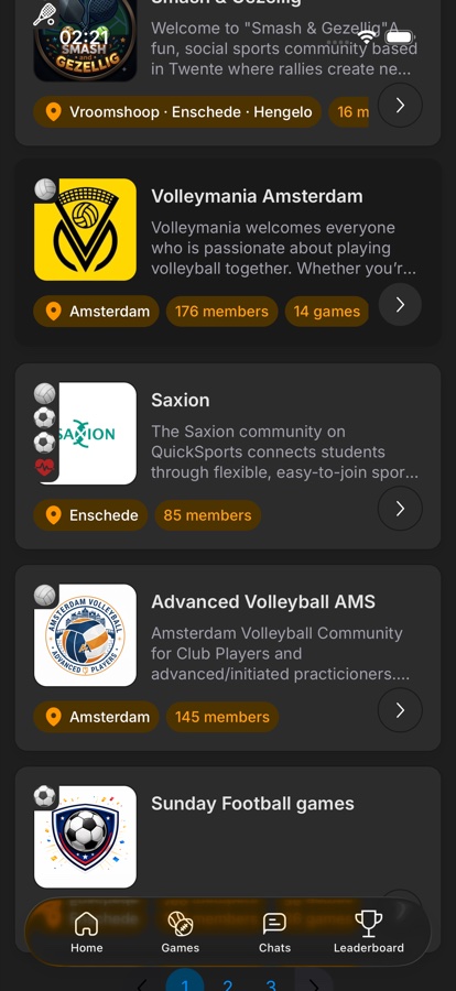 Communities in the QuickSports app, each with its city and member count