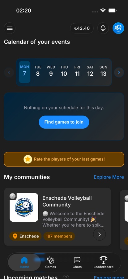 The QuickSports app home screen, showing a player's week of games and their communities